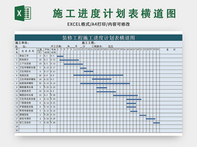 蓝色装修工程施工进度计划表横道图excel模板